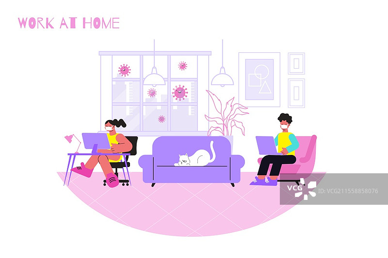 隔离在家工作，冠状病毒平面构图，带有文本和室内场景，戴口罩的共工人员矢量插图图片素材