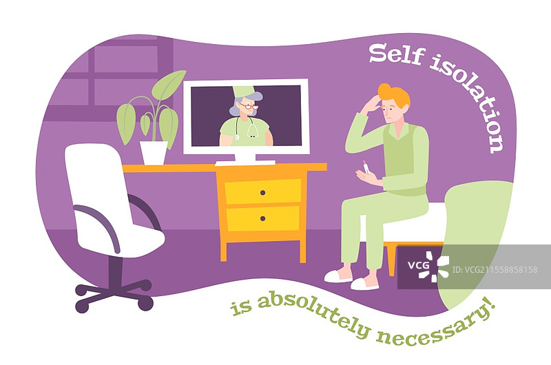 在冠状病毒疫情期间自我隔离的矢量插图，医生从电视屏幕上看着在家中拿着温度计的男子图片素材