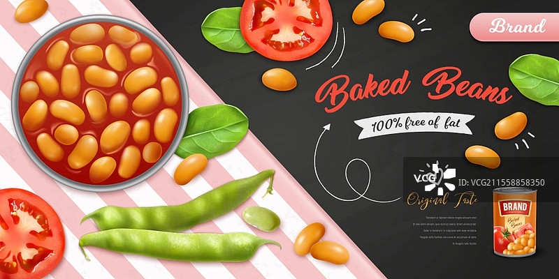 现实主义风格的番茄酱烤豆碗，旁边有豆荚和叶子，背景为黑板和条纹图案的矢量插图图片素材