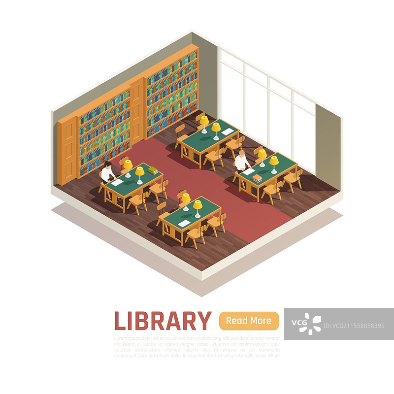 高中图书馆内部和学生阅读书籍的3D等距矢量插图图片素材