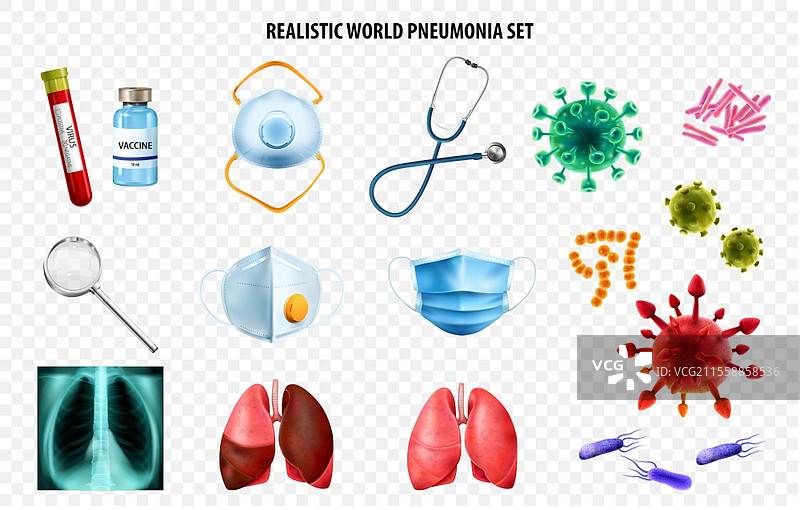 现实世界肺炎日透明图标集，包含呼吸器、细菌、X光、听诊器、口罩和肺部的矢量插图图片素材