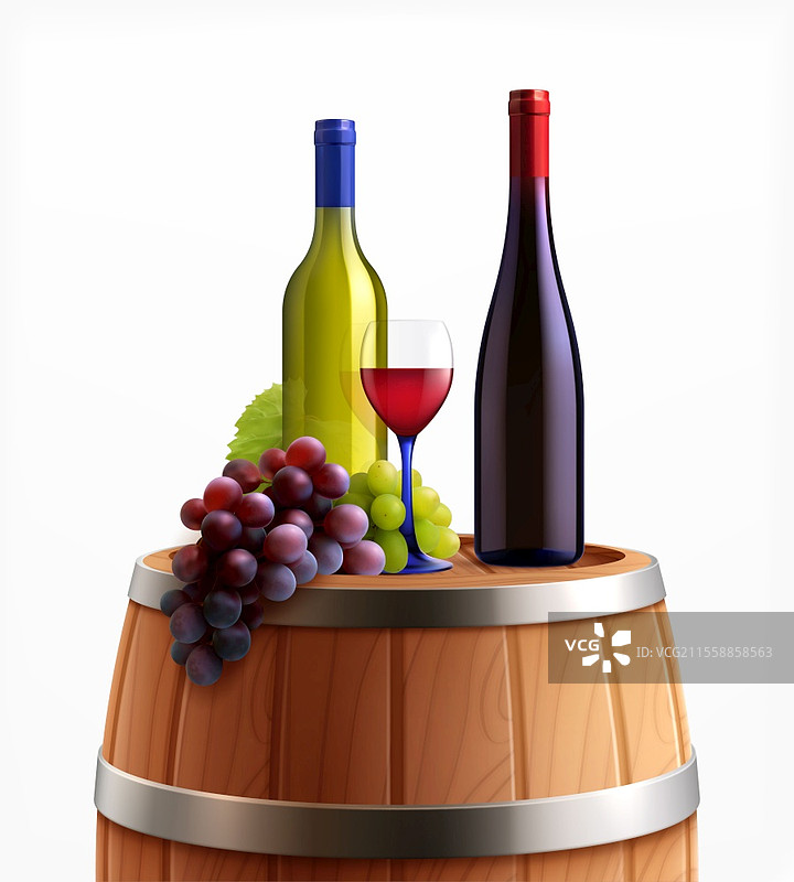 木桶上的葡萄酒真实构图，桶顶上有瓶子、酒杯和一串葡萄的矢量插图图片素材