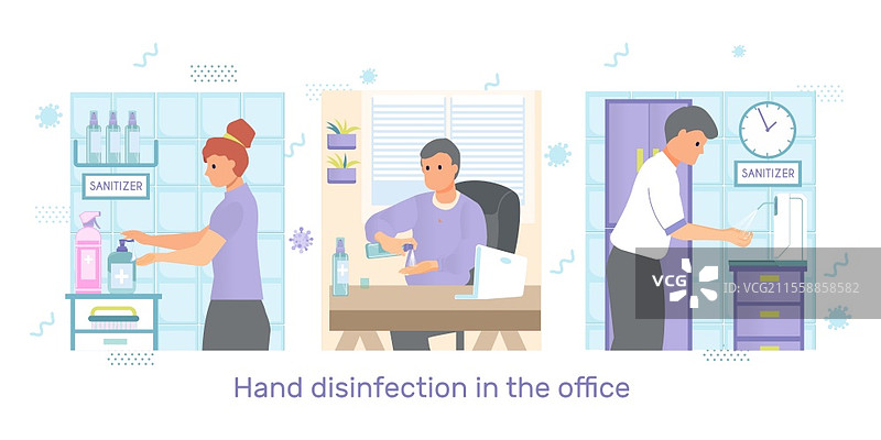 手部消毒平面图，方形构图，展示工作场所和人们使用消毒凝胶的场景插图图片素材