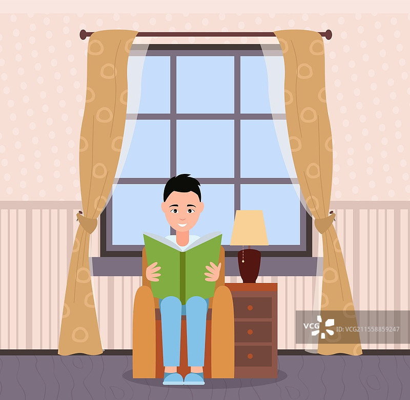 在家中阅读书籍的男子，享受宁静的一天。房间内部，配有扶手椅和抽屉，窗边有灯和窗帘，宽敞的公寓。坐在扶手椅上阅读书籍的人。图片素材