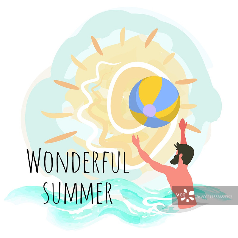 美好的夏天，男人在水中玩球，投掷和接球，孤立的矢量标签。活动有趣的夏季。侧面视图的胡须男性，在泳池中溅水或训练。男性在泳池中玩球，水上活动矢量。图片素材