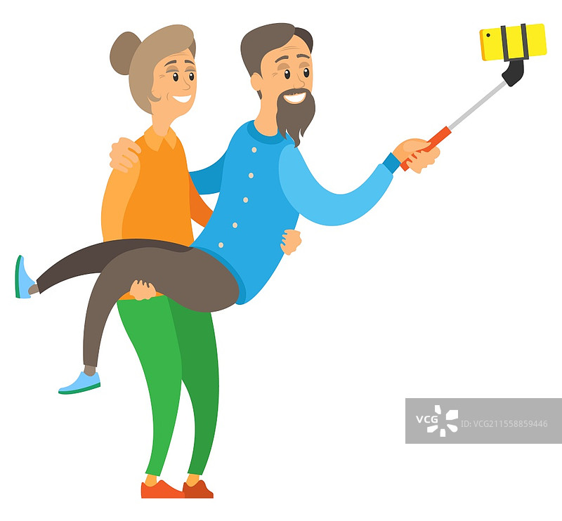 快乐的老年人自拍，微笑的老爷爷和老奶奶，奶奶手里拿着拐杖和手机，搞笑的退休老人，摄影矢量图。老奶奶抱着老爷爷，自拍矢量图。图片素材