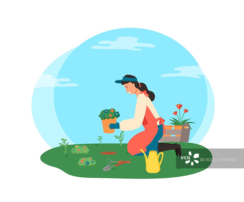 户外的女人与花卉矢量图，独立的女士在花园中，手持花盆和工具，种植家庭装饰用的植物，扁平风格。园艺的女人，手持花盆的女士矢量图。图片素材