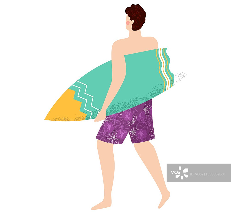 背影的冲浪者手持冲浪板，冲浪活动，穿着衬衫的人，海洋活动，度假矢量图。冲浪者与冲浪板，水上活动矢量图。图片素材