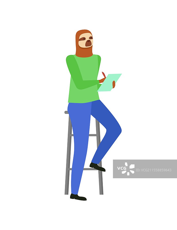 时尚动物矢量图，孤立的树懒坐在凳子上，手持便条并记录信息，学生手中拿着文件纸，正在倾听任务的工作人员。时尚动物坐在凳子上，孤立的树懒。图片素材