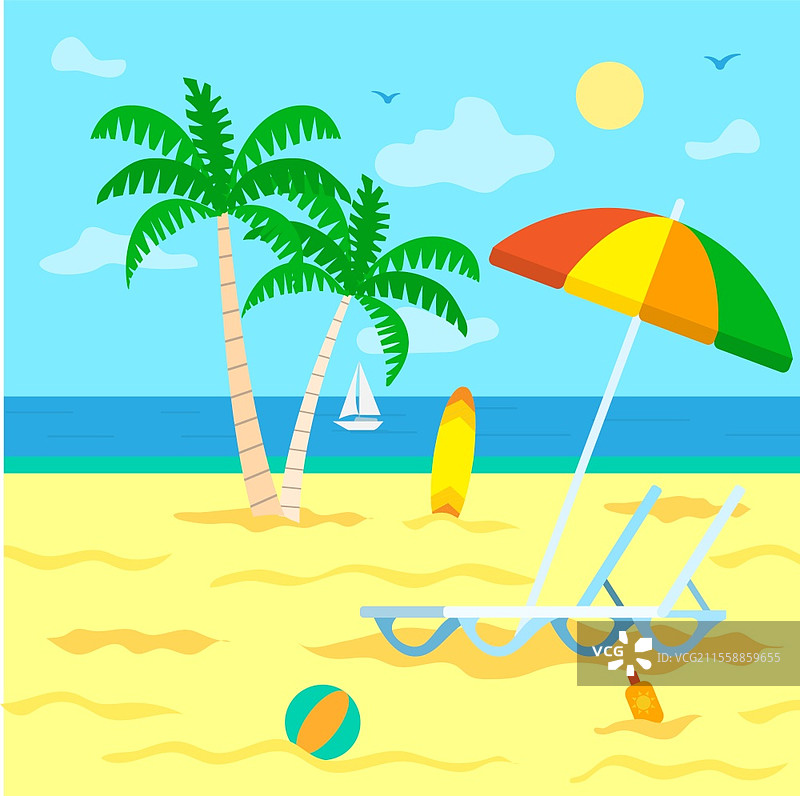 海滩海景矢量图，海岸上有棕榈树枝。为游客准备的伞和躺椅，冲浪板，充气球和防晒霜。旅游夏季假期，棕榈树环绕的海滩。图片素材