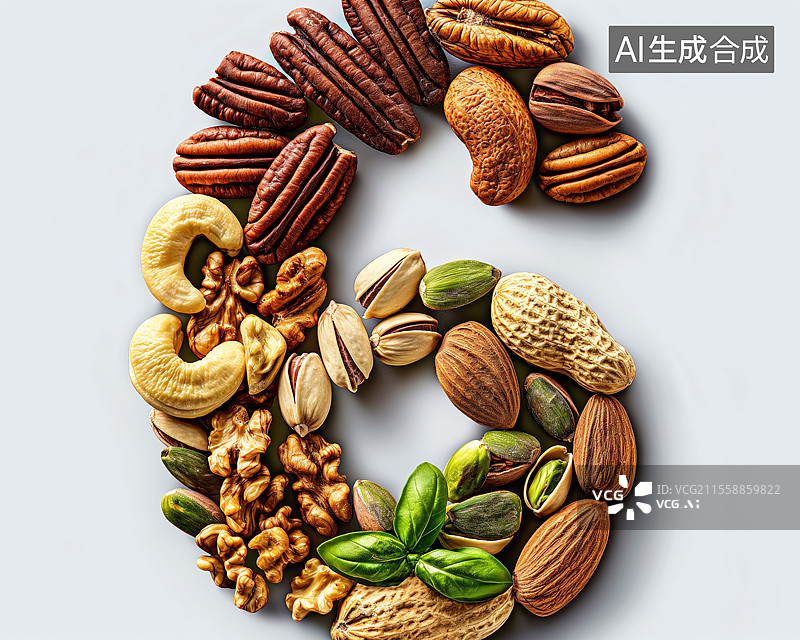 【AI数字艺术】多种坚果组合在一起拼成数字6图片素材