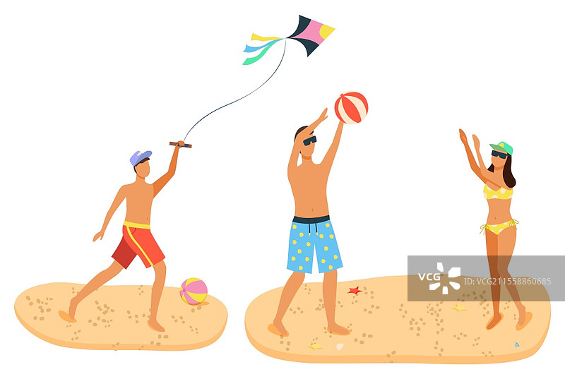 夏季乐趣，沙滩上的休闲活动。穿泳衣的男女在打沙滩排球，男性与风筝的卡通人物，手持球体，独立展示。沙滩上的夏季休闲活动，男女同乐。图片素材