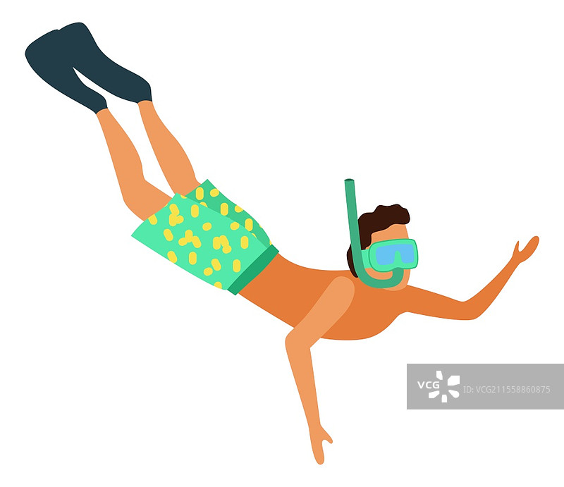 戴潜水面具的男子在水中浮潜，孤立的矢量图，男性带着呼吸管准备潜水，穿着短裤和脚蹼的水下漂浮者，挥手致意。夏季活动。图片素材