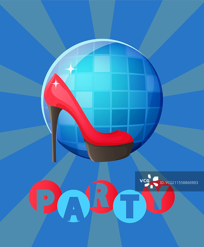 派对海报矢量图，闪闪发光的迪斯科球和高跟鞋。细高跟鞋的魅力，迪斯科舞厅和舞蹈。夜总会的夜生活派对。派对迪斯科球与女性高跟鞋海报图片素材