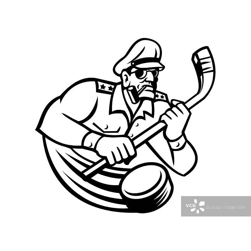 军队将军持冰球杆的胸像插图，正面视角，背景为孤立的复古黑白风格。图片素材