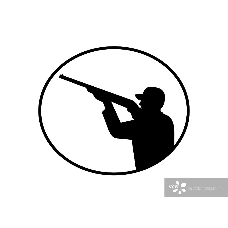 猎鸟者侧面轮廓插图，手持猎枪瞄准射击，置于椭圆形框内，背景为孤立的白色，采用复古黑白风格。图片素材