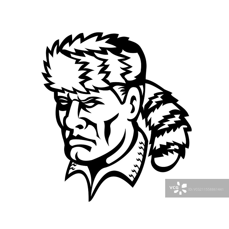 戴维·克罗凯特的吉祥物图标插图，描绘了这位美国民间英雄、拓荒者、士兵和政治家的头像，他被称为“荒野之王”，背景为复古黑白风格。美国民间英雄和拓荒者戴维·克罗凯特吉祥物黑白版。图片素材