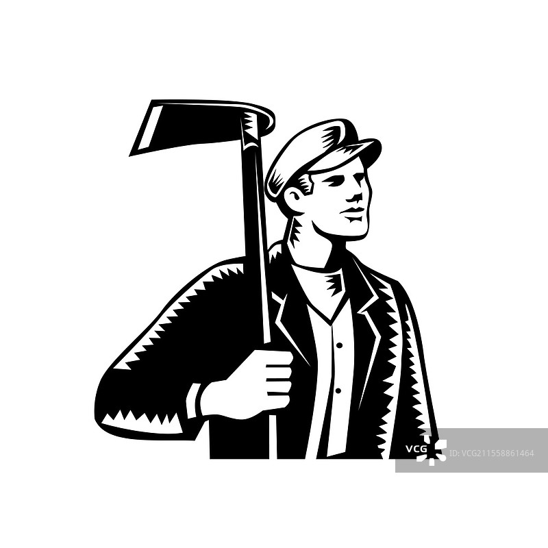男性农民、园丁、景观设计师或园艺师手持铲子，侧身望向一旁，背景为孤立的复古木刻黑白风格插图。农民园丁景观设计师手持铲子木刻黑白。图片素材