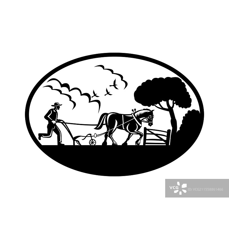 复古木刻风格插图，描绘农民与他的克莱兹代尔马在农田中犁地，设定在孤立背景的椭圆形框内。农民犁地农田椭圆复古木刻黑白图。图片素材