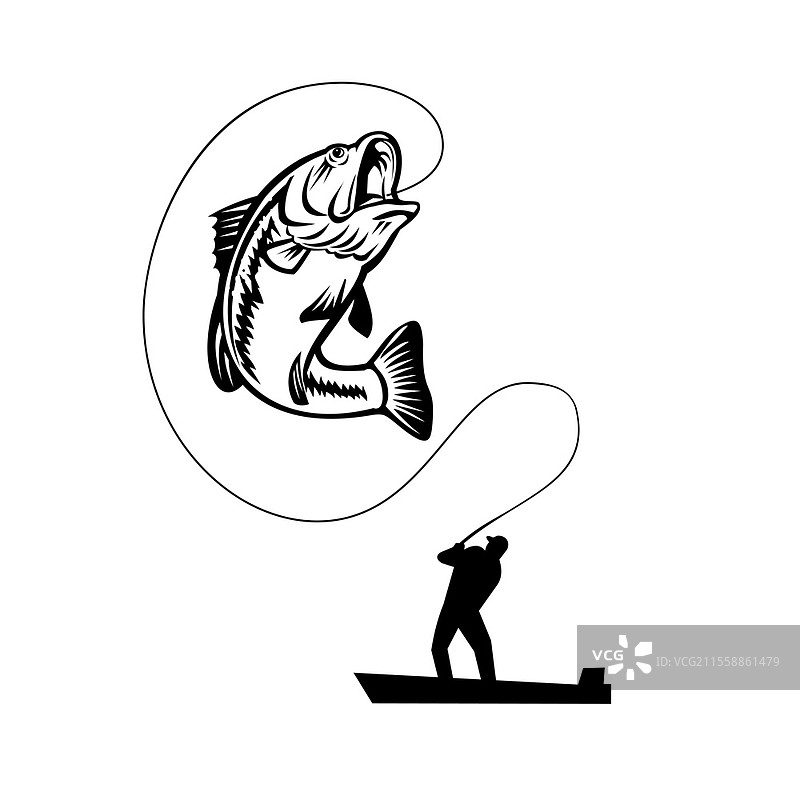 渔夫在孤立背景下以复古黑白风格钓到一条大口黑鲈，跳跃而起。图片素材