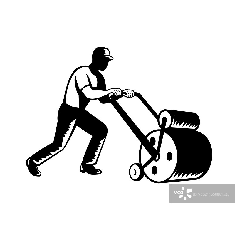 复古木刻风格的黑白插图，描绘了一位园丁、景观设计师、场地管理员或草坪维护员在孤立背景下推着草坪滚筒。图片素材