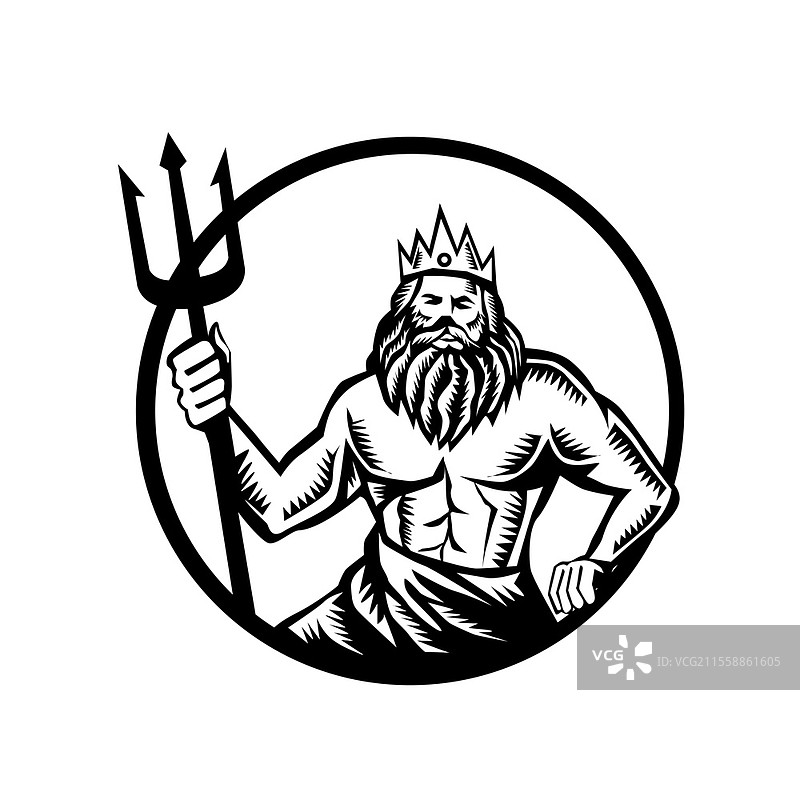 海神波塞冬手持三叉戟的插图，正面视角，置于圆形框内，背景为孤立的复古黑白木刻风格。图片素材