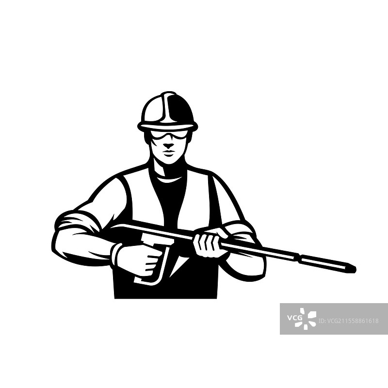 复古黑白风格的高压清洗机，正面视角，手持水枪或高压清洗杆。图片素材