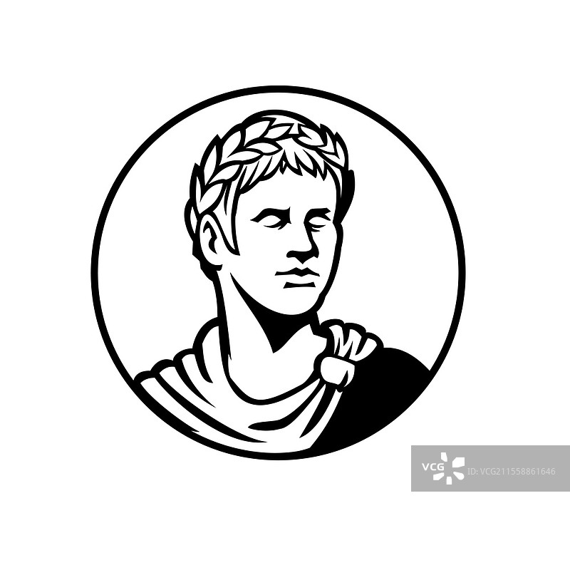 古罗马皇帝侧面头像的黑白插图，身穿长袍，佩戴月桂冠，复古风格的吉祥物。图片素材