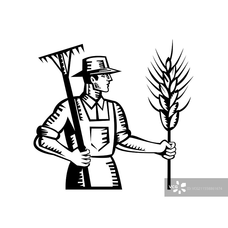 持耙的麦农与谷物穗的插图，侧面视角，采用复古木刻风格。图片素材