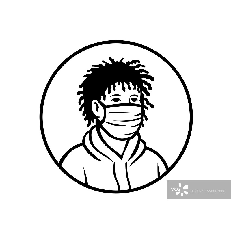 复古风格插图，描绘一位非裔美国少年男孩，穿着口罩和连帽衫，正面视角，黑白背景。非裔美国男孩佩戴口罩正面视图复古黑白。图片素材