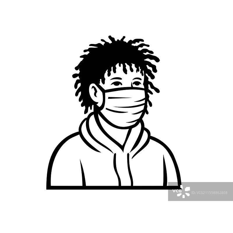 复古风格插图，描绘一位戴着口罩和连帽衫的非裔美国少年，正面视角，黑白背景。非裔美国男孩戴口罩正面视图复古黑白。图片素材