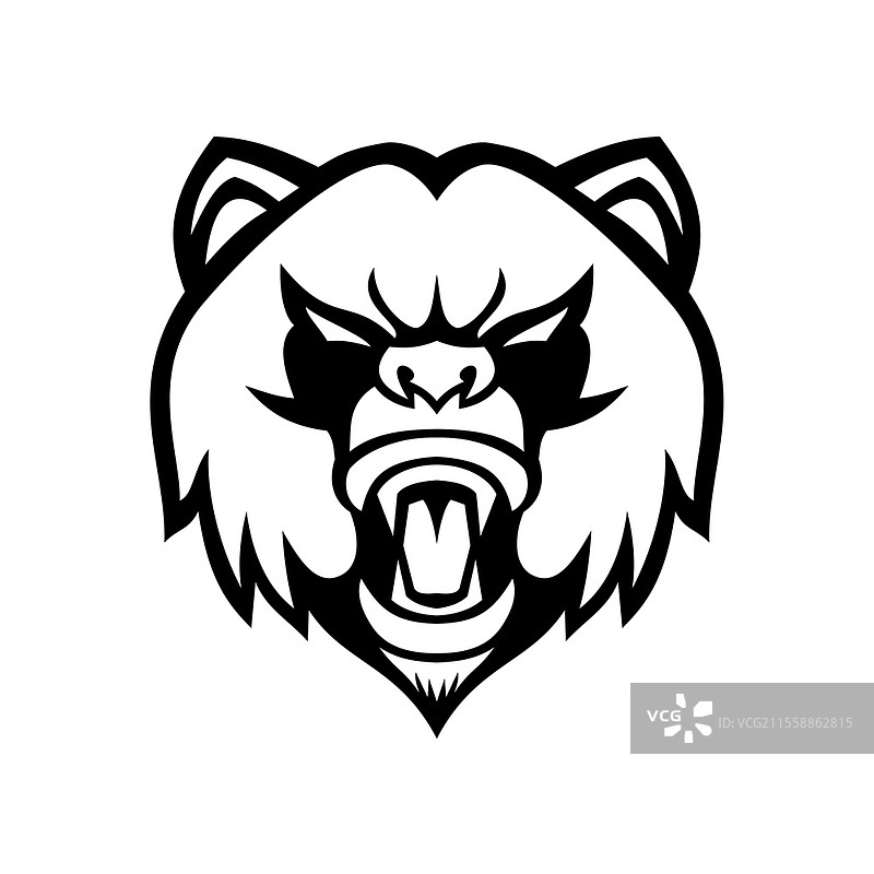 黑白色的愤怒大熊猫头部吉祥物插图，正面视角，背景为孤立的复古风格。愤怒的大熊猫头部吉祥物黑白色。图片素材