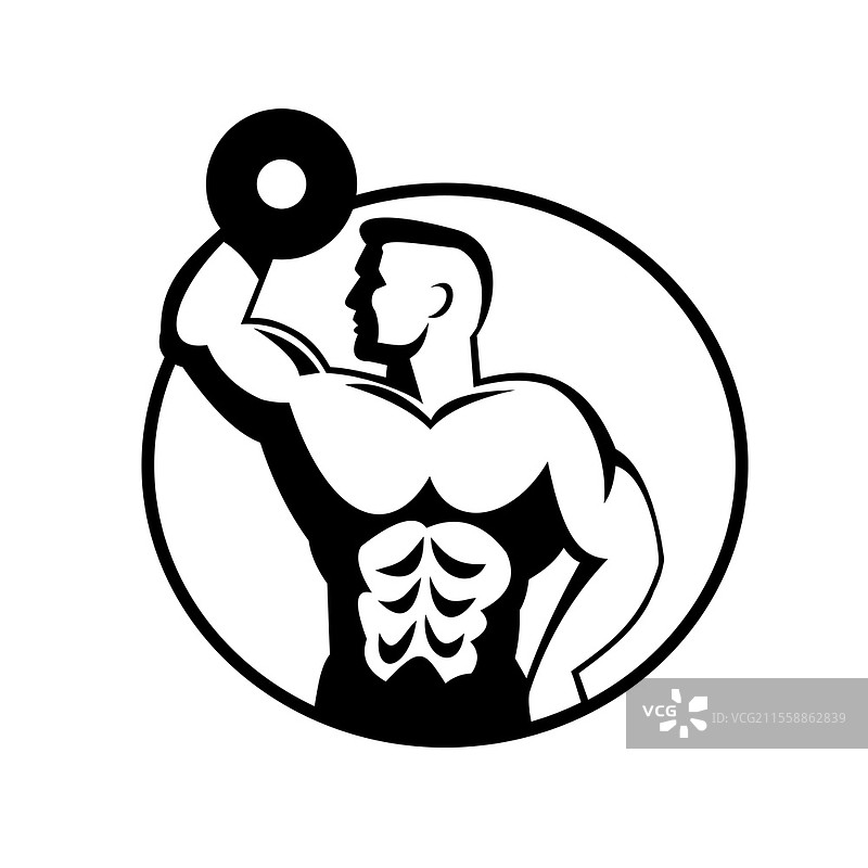 黑白复古风格插图，侧面视角的肌肉健美运动员举着哑铃，置于圆形框内，背景为纯白色。图片素材