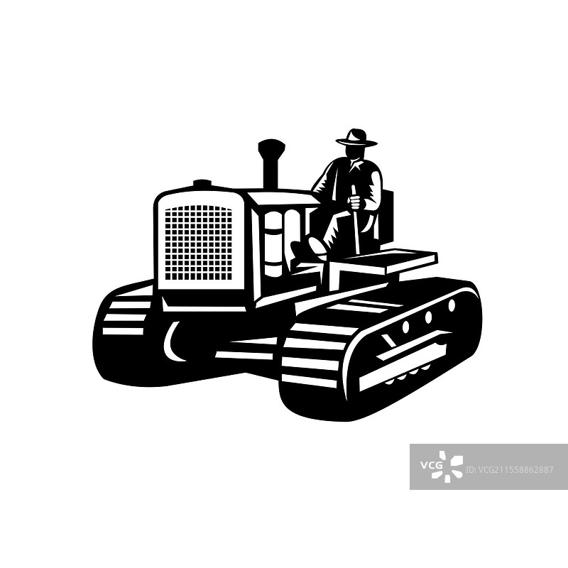 农民驾驶复古农用拖拉机的插图，侧面视图，背景为纯白色，采用复古木刻黑白风格。图片素材