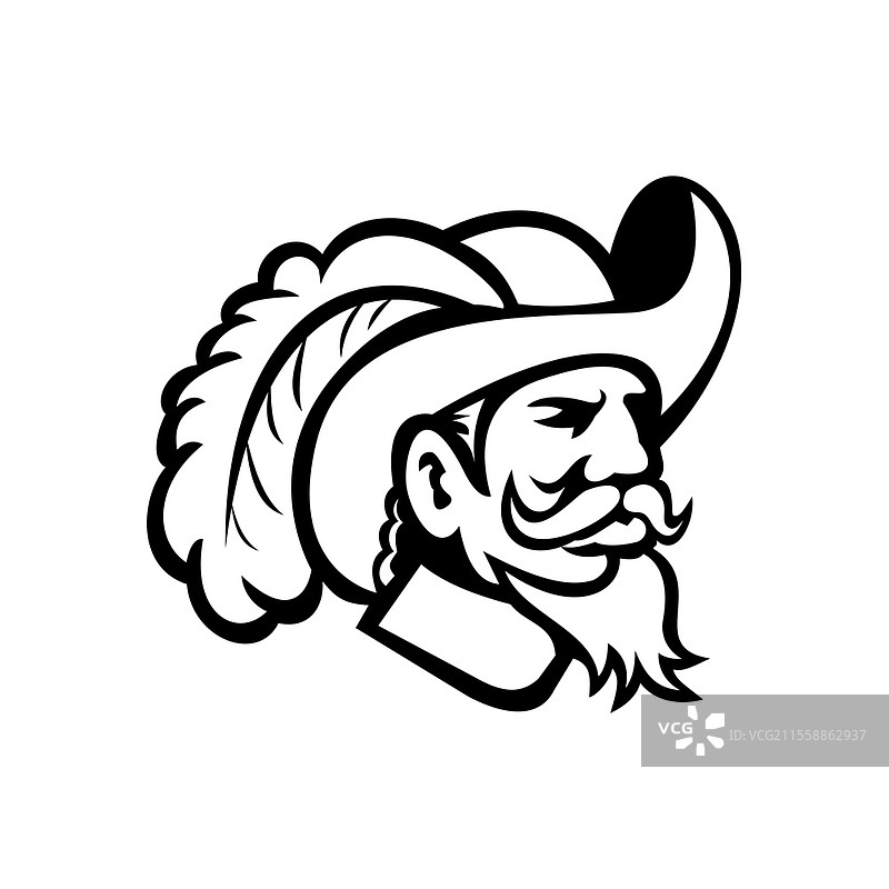 黑白插图，侧面视角的骑士或火枪手头像，佩戴宽边的骑士帽，帽子上装饰着鸵鸟羽毛，背景为孤立的复古风格。骑士或火枪手侧面头像吉祥物黑白图像。图片素材