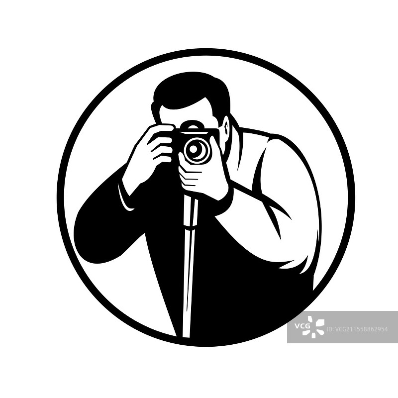 黑白复古风格插图，摄影师正面拍摄数码单反相机，置于圆形框内，背景为孤立色彩。摄影师使用数码单反相机拍摄，复古黑白风格。图片素材