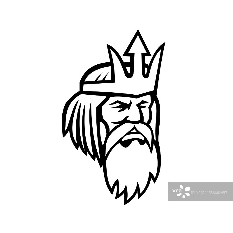 黑白色的海神波塞冬或海王星的吉祥物插图，正面侧视，背景为孤立的复古风格。图片素材