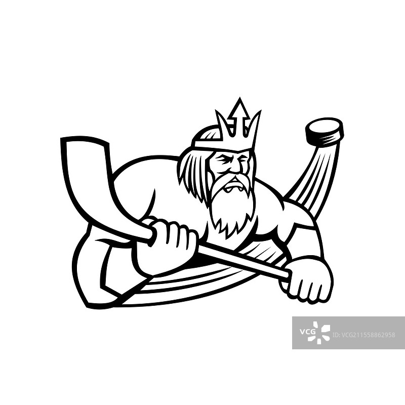 黑白色的海神波塞冬或海王星吉祥物插图，手持冰球杆和冰球，正面视角，背景为孤立的复古风格。波塞冬与冰球杆和冰球的运动吉祥物黑白色。图片素材