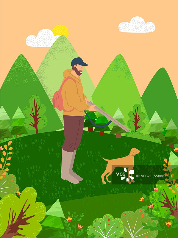 自然中的人和狗的矢量图，角色的爱好是与狗一起狩猎，男性手持武器。周末的休闲时光，个人兴趣的消遣。平面卡通。猎人和狗，男人与宠物在自然中的爱好。图片素材