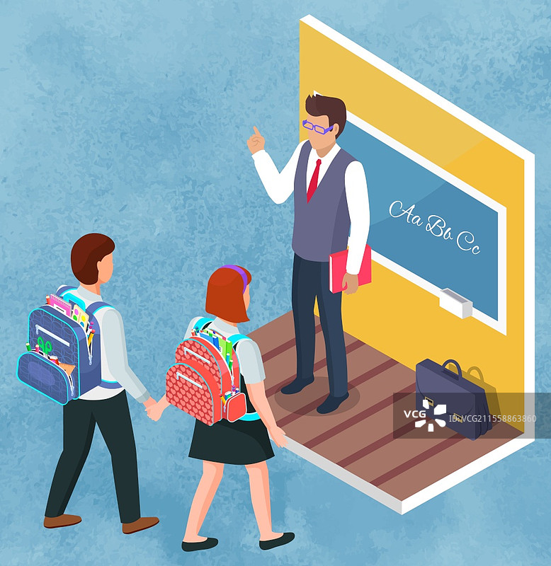背着书包的男孩和女孩去上课。老师正在讲解学习材料，黑板上写着字母。返校概念。等距3D。女孩和男孩去上老师的课堂。图片素材