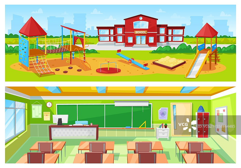 学校操场和教室矢量图，建筑的室内和室外。儿童旋转木马和沙箱。学生的桌子排成行，3D等距风格。开学概念。平面卡通。学校建筑外观操场，教室内部。图片素材