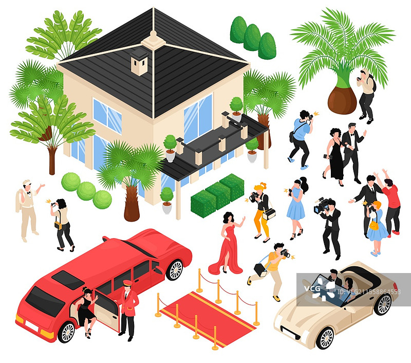 名人等距红地毯、豪华轿车、狗仔队、媒体面孔的插图，孤立的矢量图。图片素材