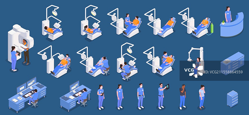 口腔医学诊所等距图集，包含牙齿护理和卫生符号的独立矢量插图图片素材