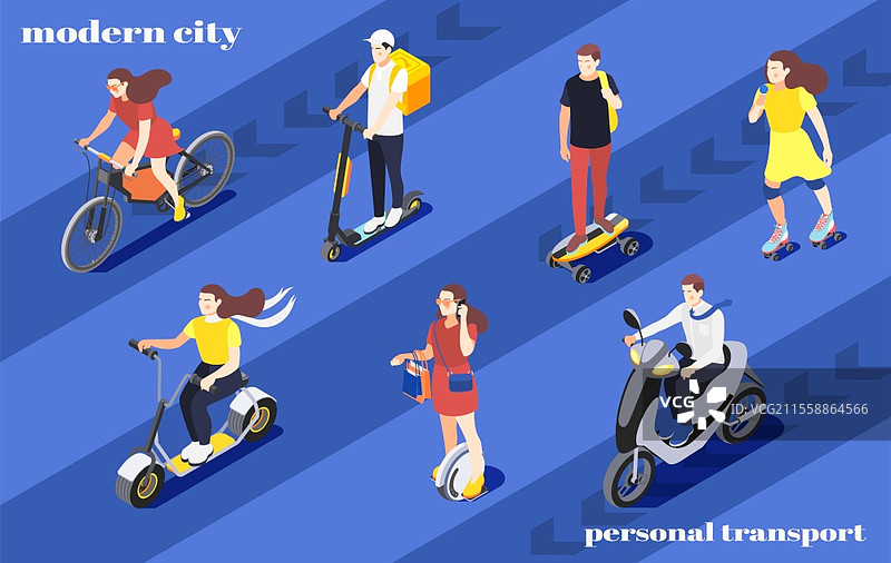 男女骑着单轮车、滑板车、轮滑和滑板在城市中穿行的等距背景3D矢量插图图片素材