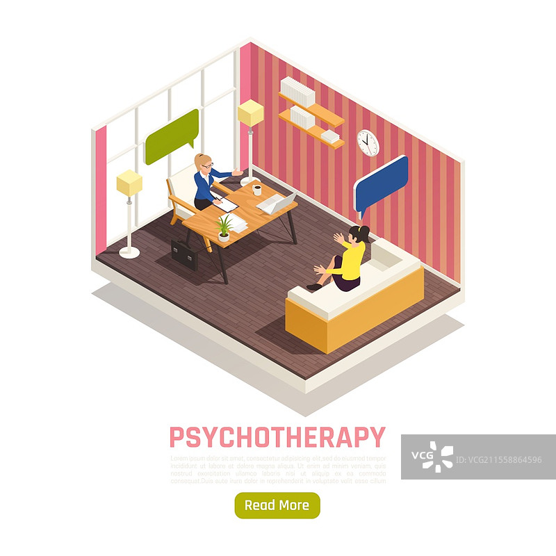 个别心理治疗咨询的等距主页设计，心理学家与年轻女性保密工作，矢量插图图片素材