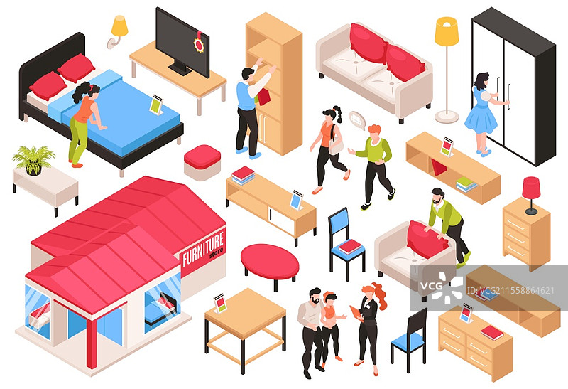 家具商店等距图集，包括买家、卖家、设计师和多种家具样本的插图，孤立的矢量图。图片素材