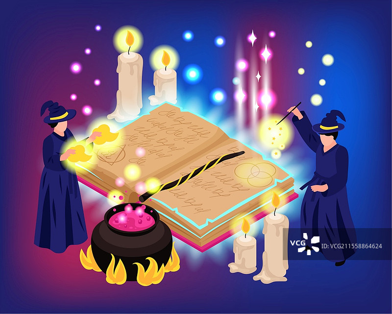 魔法仪式等距构图，巫师穿着法袍，正在酿制药水，背景有发光的蜡烛插图图片素材