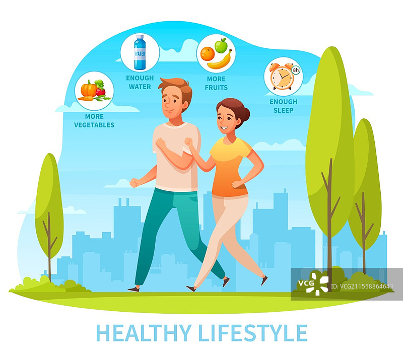 健康生活方式，饮食、锻炼和良好睡眠的卡通构图，城市公园中慢跑的情侣矢量插图图片素材