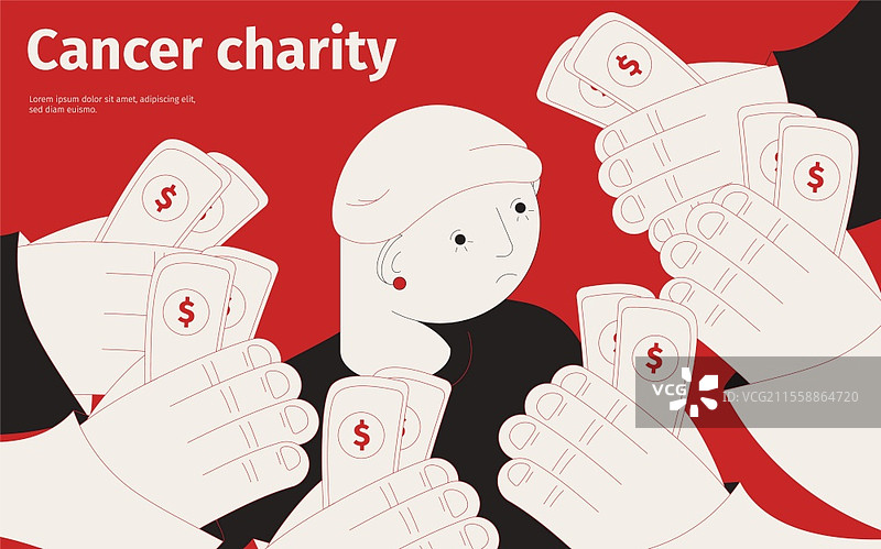 癌症捐款慈善活动等距构图，包含一位受苦患者的角色和分享钞票的手，矢量插图图片素材