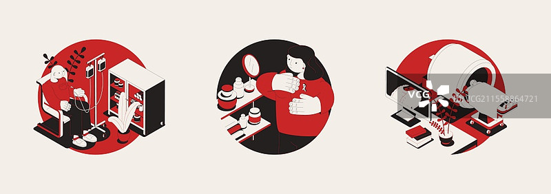 三幅圆形癌症构图，包含人类角色、医疗器械和药物图像的矢量插图图片素材